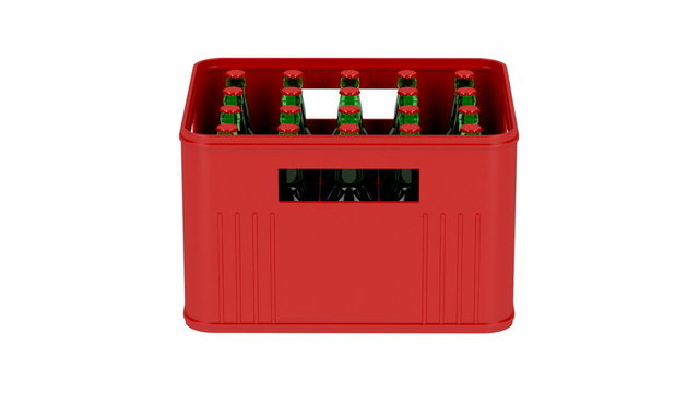 Crate with beer bottles spin on white background