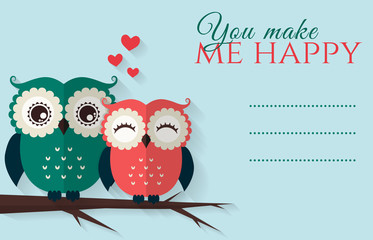 You make me happy. Vector card with cute owls.