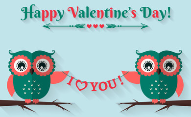 Happy Valentine's Day! Vector greeting card with flat owls.