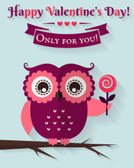 Happy Valentine's Day! Vector greeting card with flat owl.