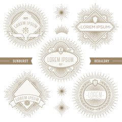 Set of line heraldic emblems and  labels with sunburst rays