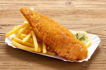 Fried fish and chips on a paper tray