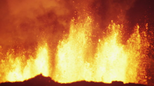 Night Scenic Fire Volcanic Molten Lava Exploding Magma Fissures Travel Iceland 