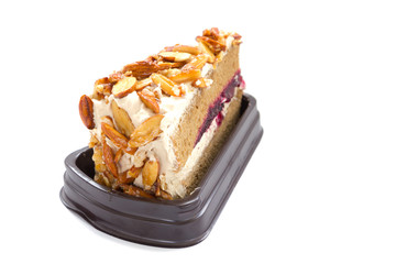 Coffee almond cake isolated on white background