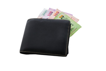 black leather wallet with money isolated