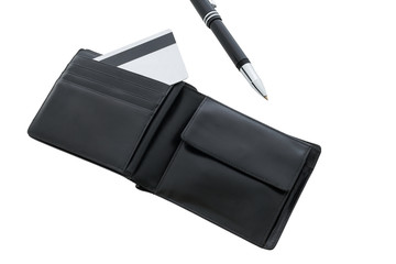 black wallet with credit cards on a white background