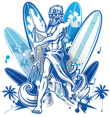 poseidon surfer on surfboard background