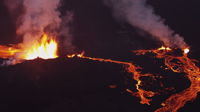 Aerial Lava Rivers Nature Molten Fire Eruption Holuhraun Volcano Night Iceland 