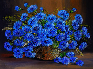 Oil painting of blue flowers  in a vase, art work - 76997865