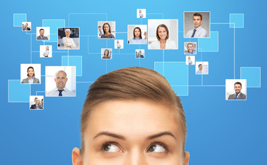 close up of young woman looking for businesspeople