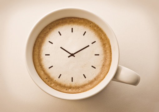 coffee time , watch drawing on latte art coffee cup