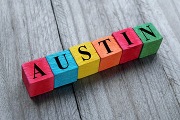 word Austin on colorful wooden cubes