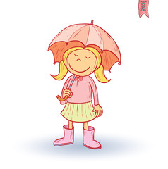Little child walking in the rain, vector illustration.
