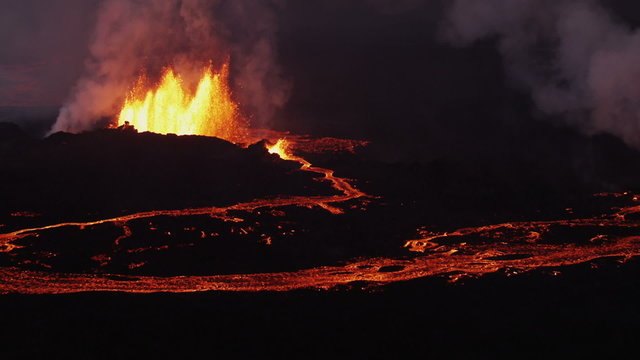 Aerial Night Volcano Lava Holuhraun Seismic Activity Land Fissures Iceland 