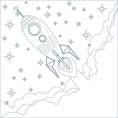 Cartoon Flying Rocket in the Sky with stars.  Contour vector