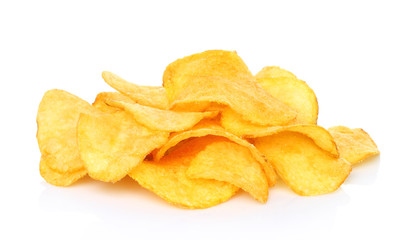 Potato chips on white background close-up.