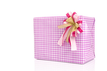 Pink present box on white background