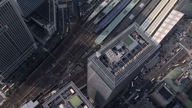 Aerial Tokyo National Rail station Skyscrapers Shinkansen Bullet train 
