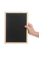 Woman hand holding blackboard on white background