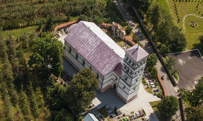 aerial view of church in Jasienica Gorna  village in Poland