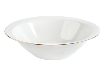 Empty plate with gold rim isolated. White ceramic bowl.