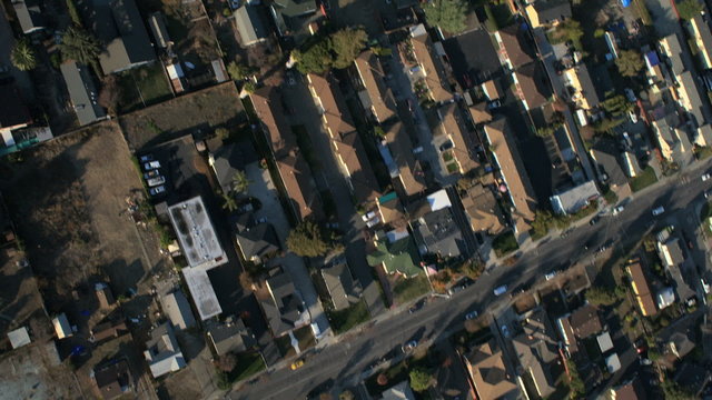 Aerial roads and homes in suburban San Francisco, USA