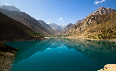 blue mountain lake reflects high rocks