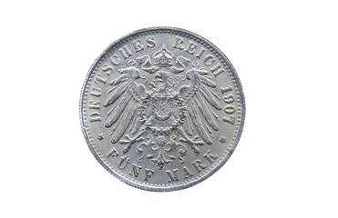 Old silver five mark of German Reich isolated on white