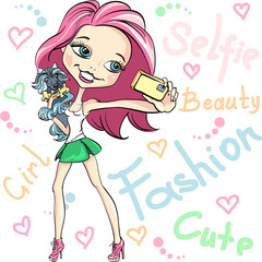 Vector cute girl with dog makes selfie