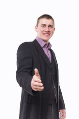 young man holds out his hand