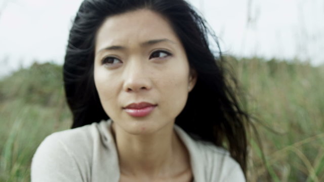 Face Beautiful Unhappy Asian Chinese Girl Outdoors Windy Fall Day