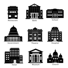 Obraz premium Building icons set of government, museum, theater, hospital