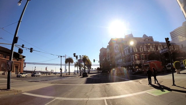 POV vehicle driving coastal bay road Oakland Bay Bridge California USA