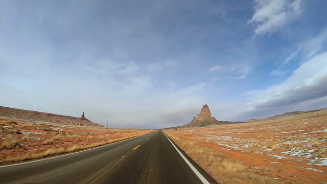 POV road driving trip desert winter Monument Valley Arizona USA