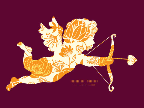 Vector golden art flowers shooting cupid silhouette frame