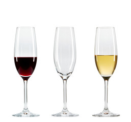 Set of three wine glasses with wine