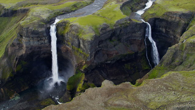 Aerial Haifoss  Waterfalls  Water Power Scenic Beauty Iceland Europe