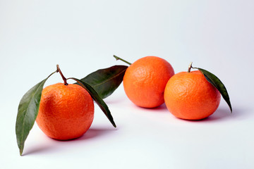 three tangerines with leaves