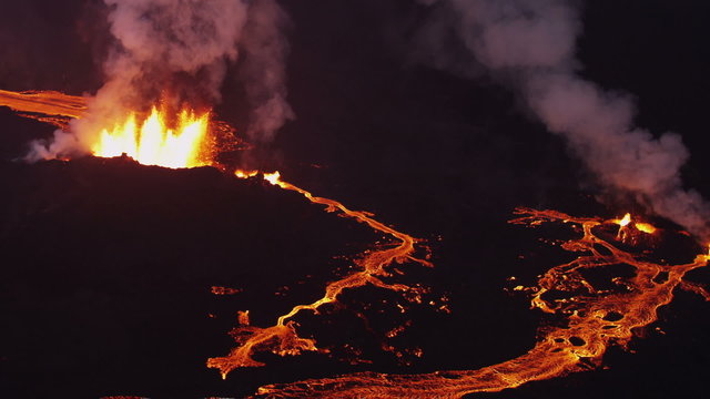 Aerial Flowing Molten Lava Holuhraun Volcano Erupting Fissures Magma Iceland