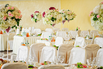 Beautiful flowers on table in wedding day