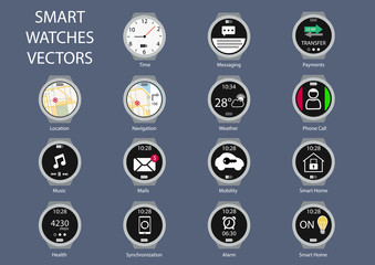 Flat design vector illustration of smart watch clock faces