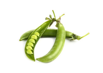 Green Peas in Pods Isolated on White Background