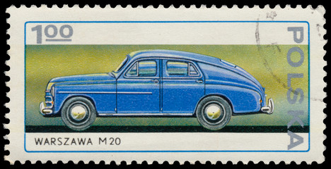 Stamp printed in Poland shows car Warszawa M20