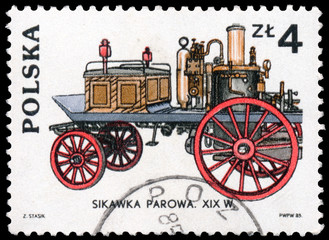 Fototapeta na wymiar Stamp printed in Poland shows development of the Fire Brigade