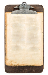 antique clipboard with sheet of aged grungy paper