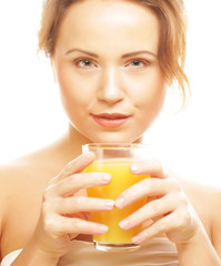 woman isolated  shot drinking orange juice