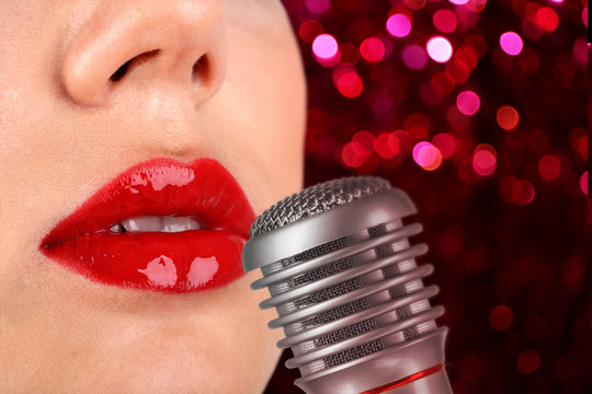 Woman With Red Lips And Retro Microphone