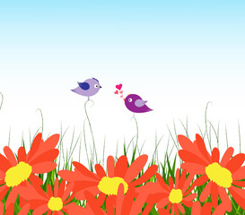spring background with yellow sunflowers and couple bird lovely