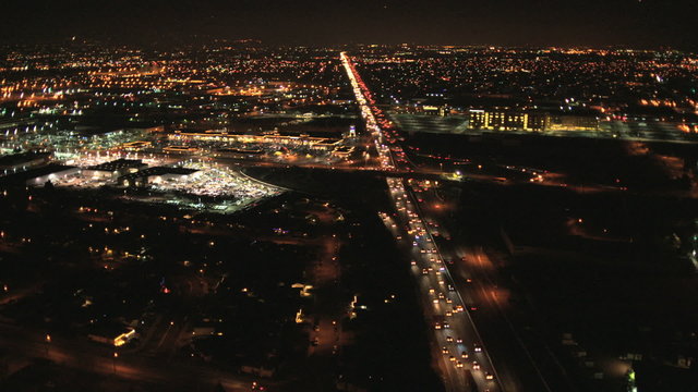 Aerial view illuminated Freeway traffic, North America