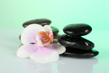 Fototapeta na wymiar Spa stones with orchid on light background